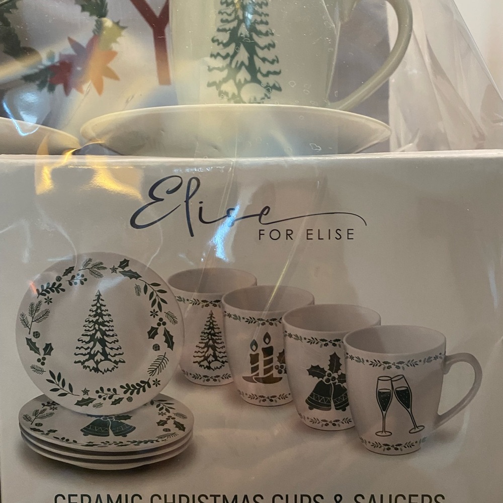 Ceramic Christmas Mugs & Saucers Set - White with Green Holiday Motifs